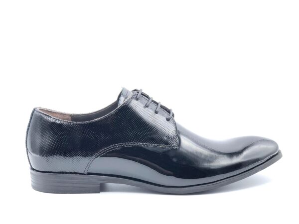 SCARPA SPOSO DERBY UOMO PEDULLA' LUXURY PELLE VERNICE LUCIDA GEMMA PUNTELLINATA NERA, FONDO IN CUOIO FATTE A MANO 7750A