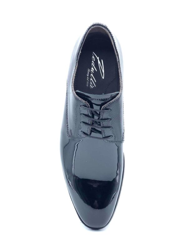 SCARPA SPOSO DERBY UOMO PEDULLA' LUXURY PELLE VERNICE LUCIDA GEMMA PUNTELLINATA NERA, FONDO IN CUOIO FATTE A MANO 7750A